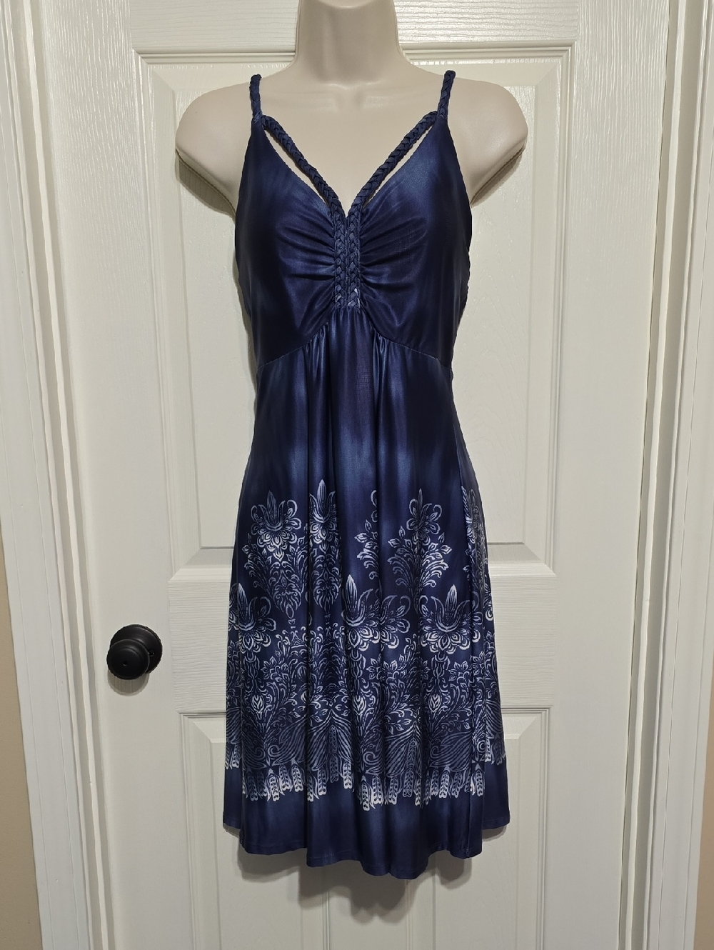 VENUS Navy Satin Floral-Print Dress with Braided Straps